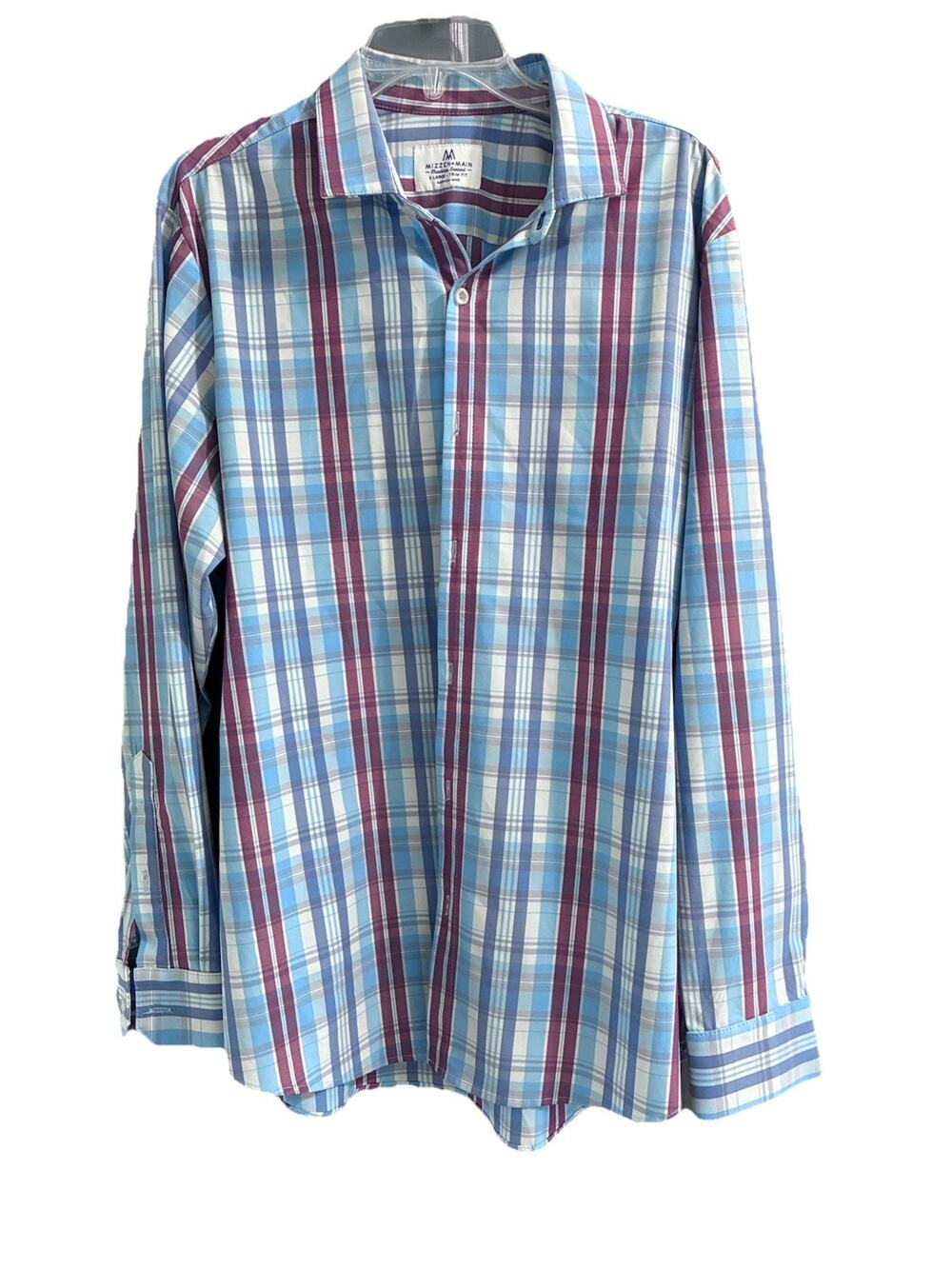 Mizzen and Main Shirt Mens XL Trim Fit Blue Red Check American Made Stretch